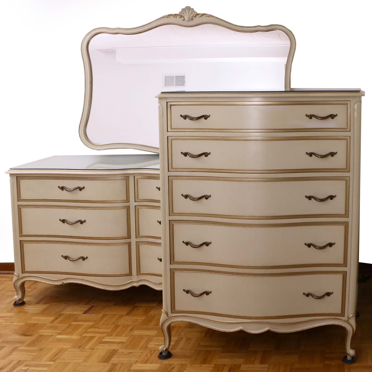 Drexel "Touraine" Cream-Painted and Parcel-Gilt Dresser and Chest of Drawers