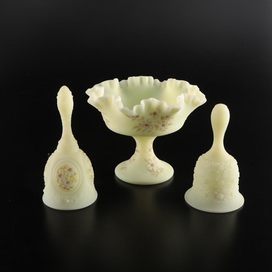 Fenton Hand-Painted Fluted Custard Glass Compote with Fenton Custard Glass Bells