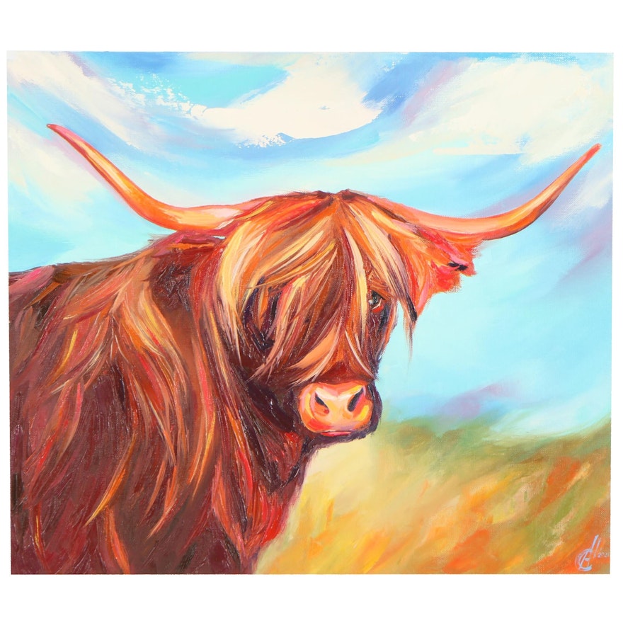 Alyona Glushchenko Oil Painting of Highland Cow, 21st Century