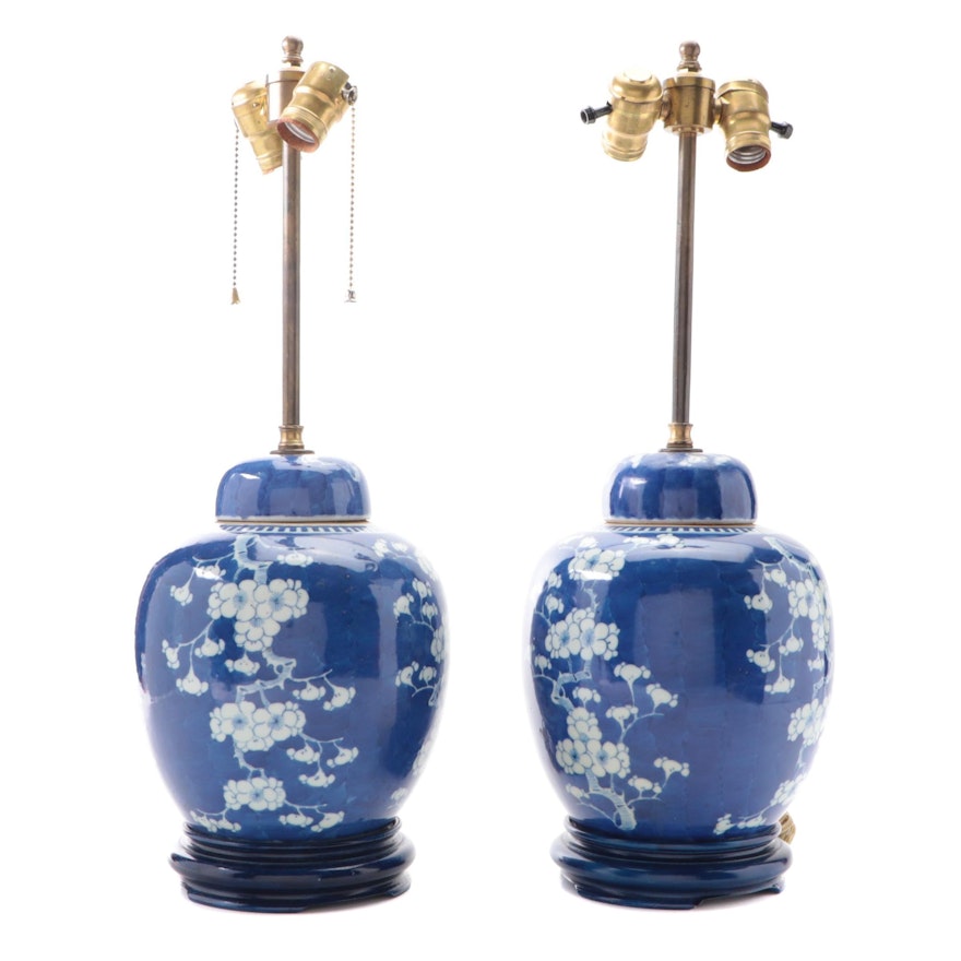 Chinese Porcelain Cracked Ice Plum Blossom Ginger Jar Table Lamps, Mid-20th C