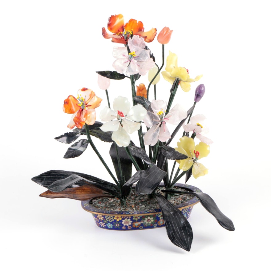 Chinese Carved Gemstone Flowers in Cloisonné Pot