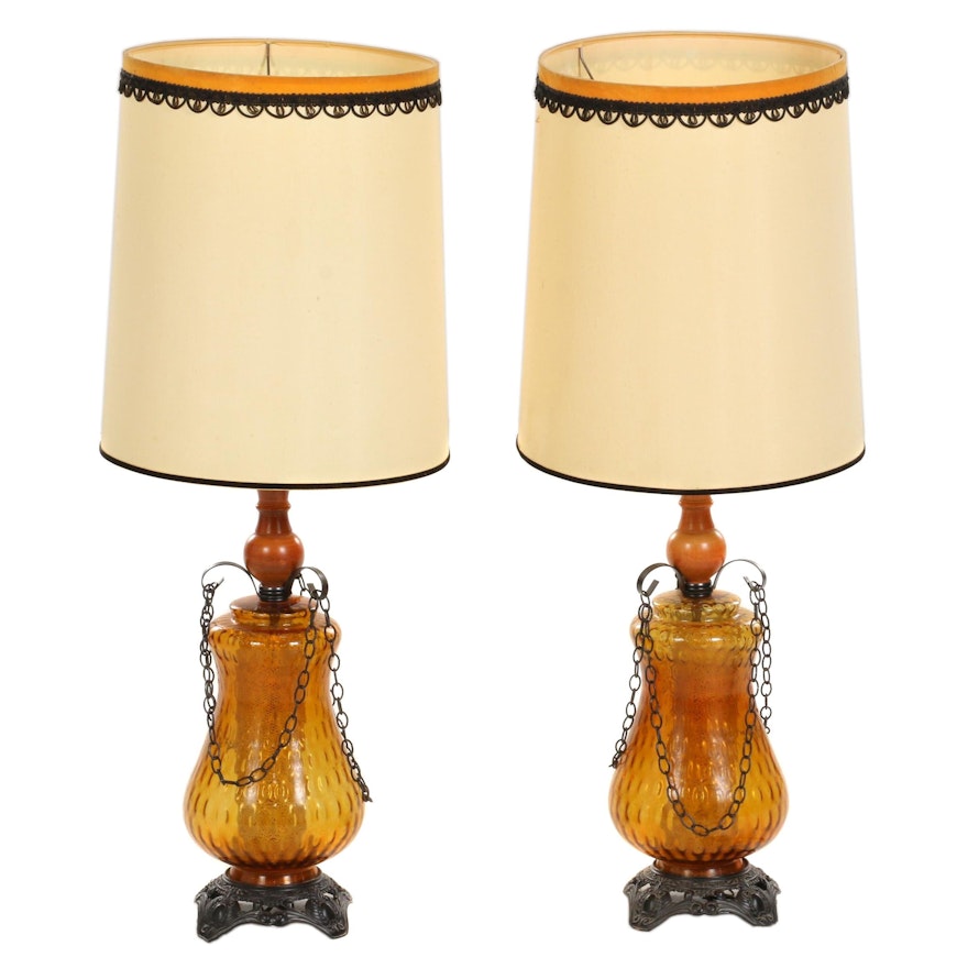 Pair of Amber Glass Table Lamps, Mid-20th Century