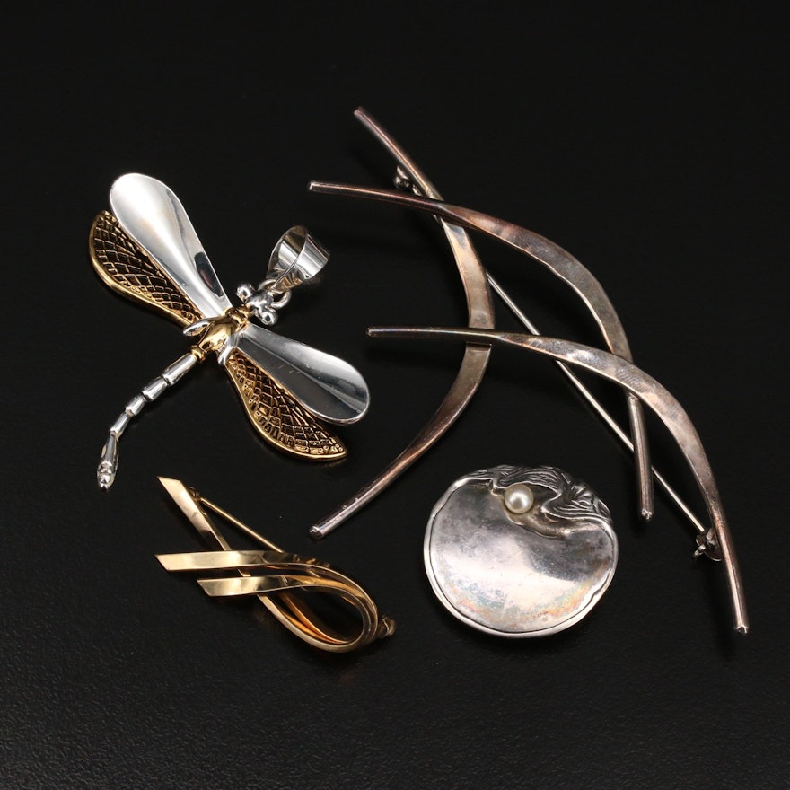 Brooches Including Sterling, Pearl and Dragonfly Pendant