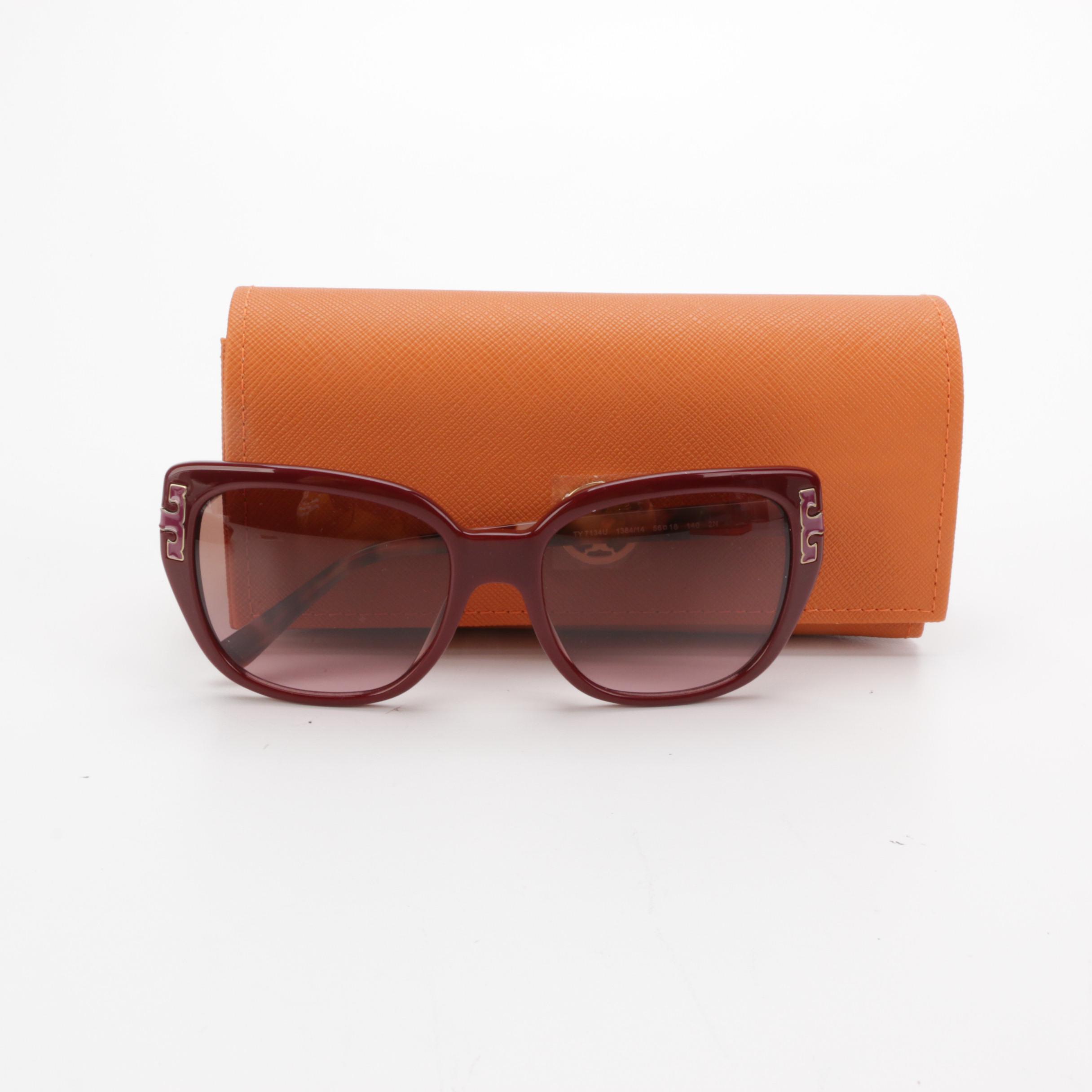 Tory Burch Logo Bordeaux/Brown Rose Gradient Sunglasses with Case