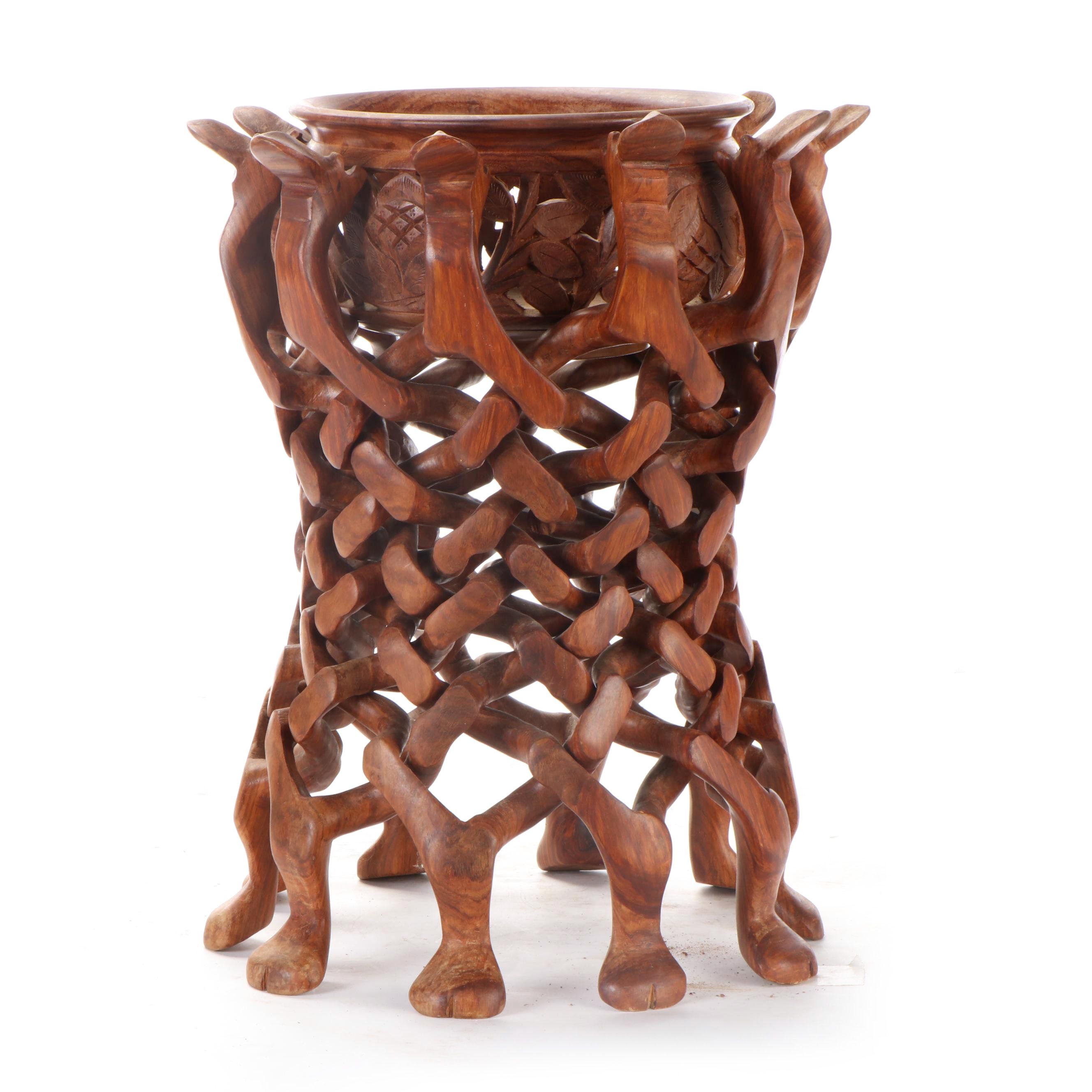 Carved Wood Bowl with Interlocking Puzzle Camel Stand
