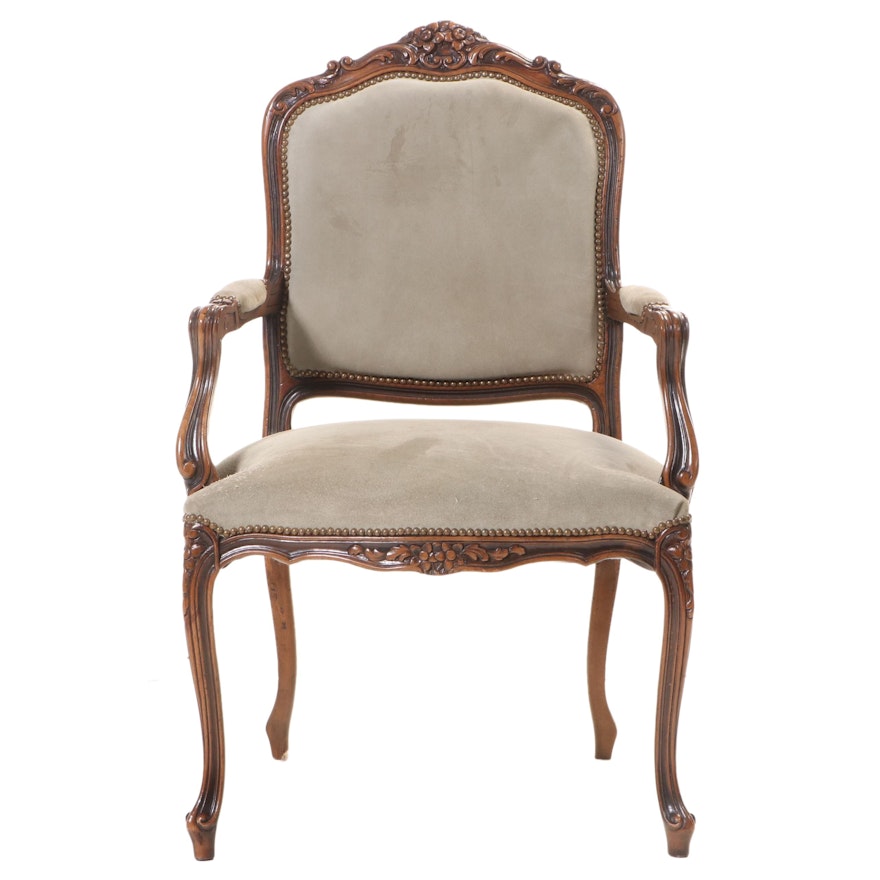 Chateau D'ax Louis XV Style Beech and Suede Fauteuil, Late 20th Century