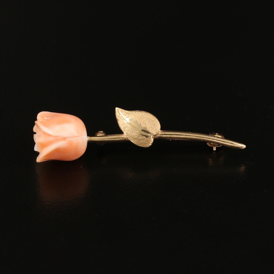 14K Carved Coral Rose Pin with Vintage Box