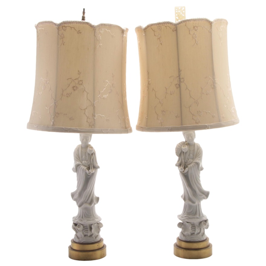 Blanc de Chine Guanyin Figurine Lamps with Silk Embroidered Shades