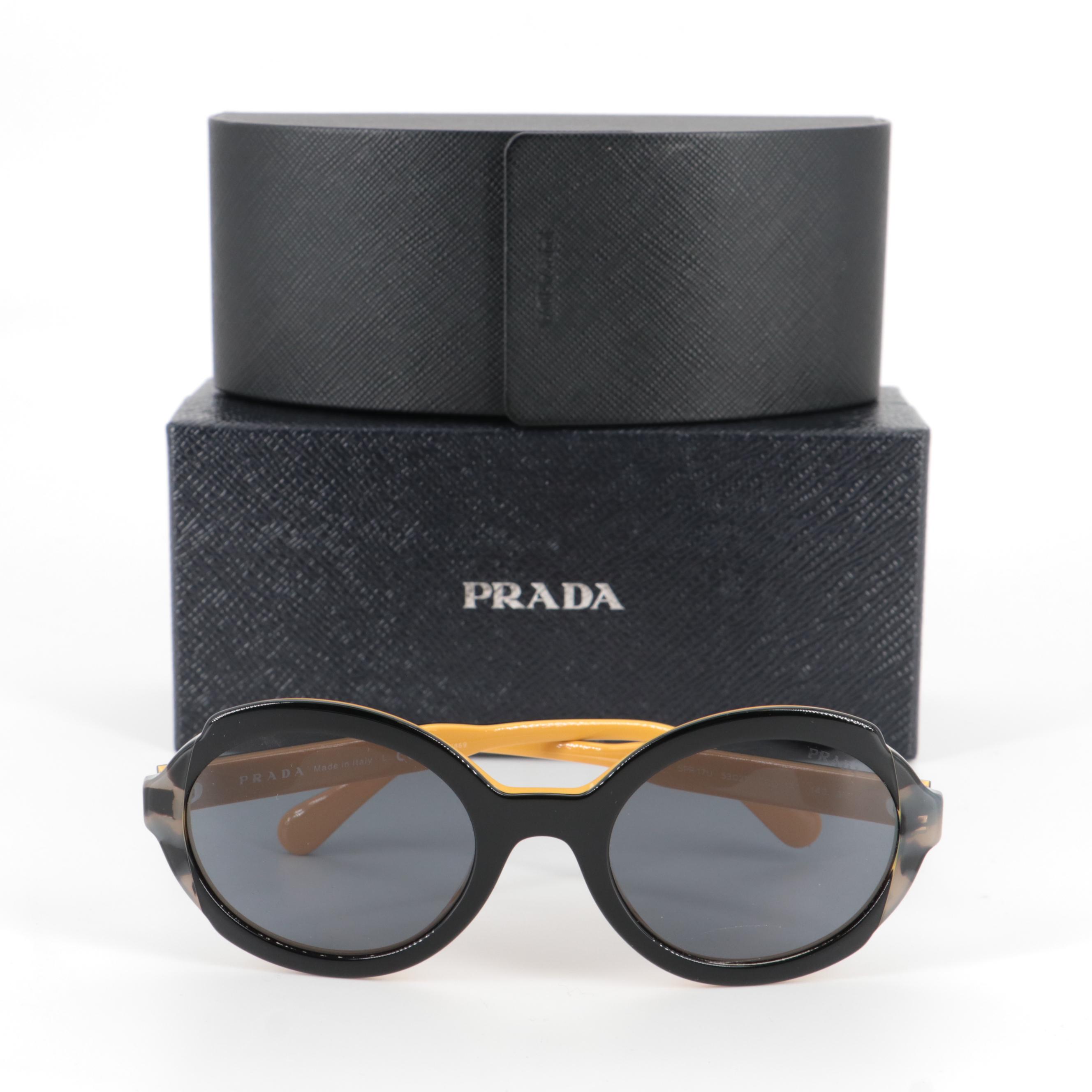 Prada SPR 17U Round Sunglasses in Black, Yellow and Gray Tortoise Acetate