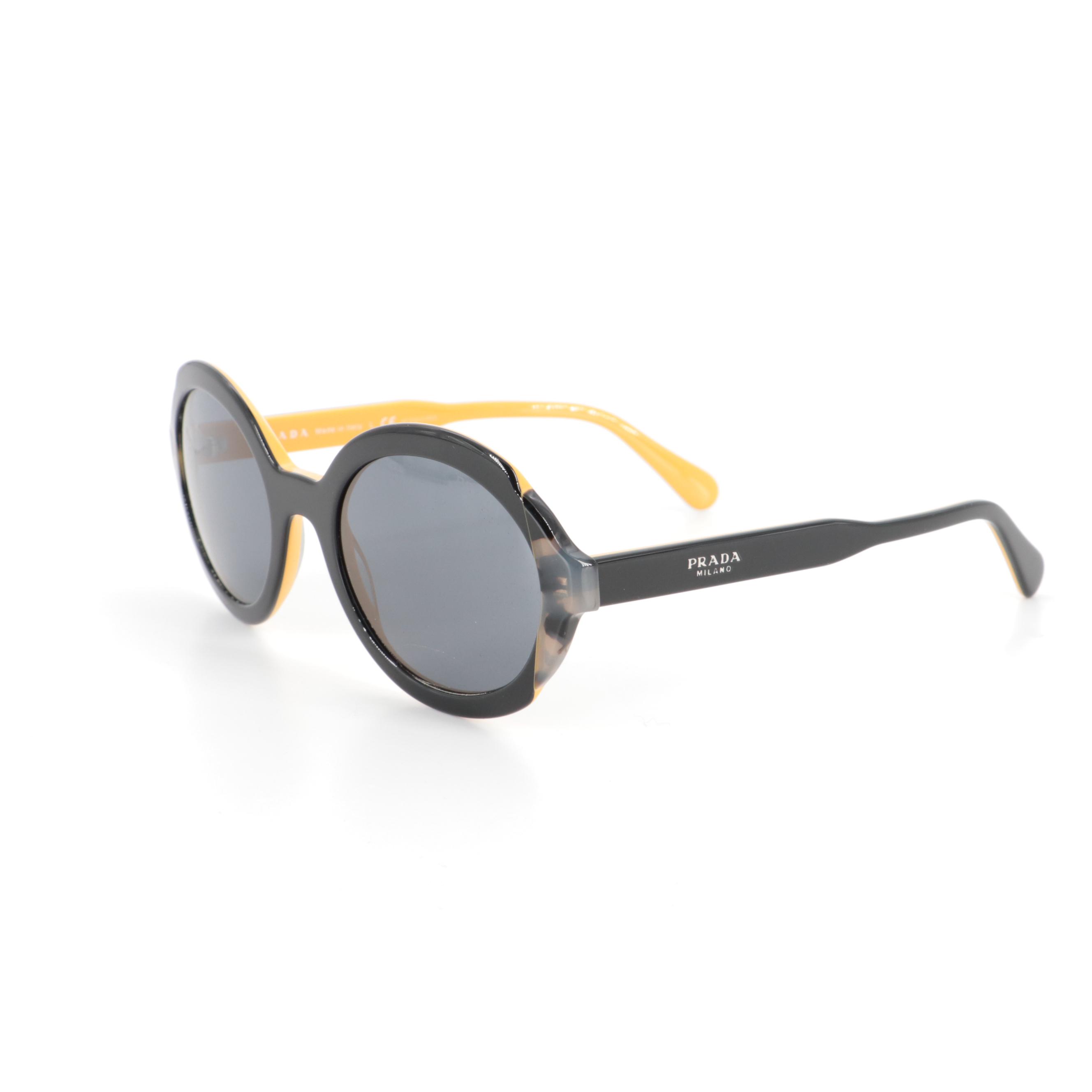 Prada SPR 17U Round Sunglasses in Black, Yellow and Gray Tortoise Acetate