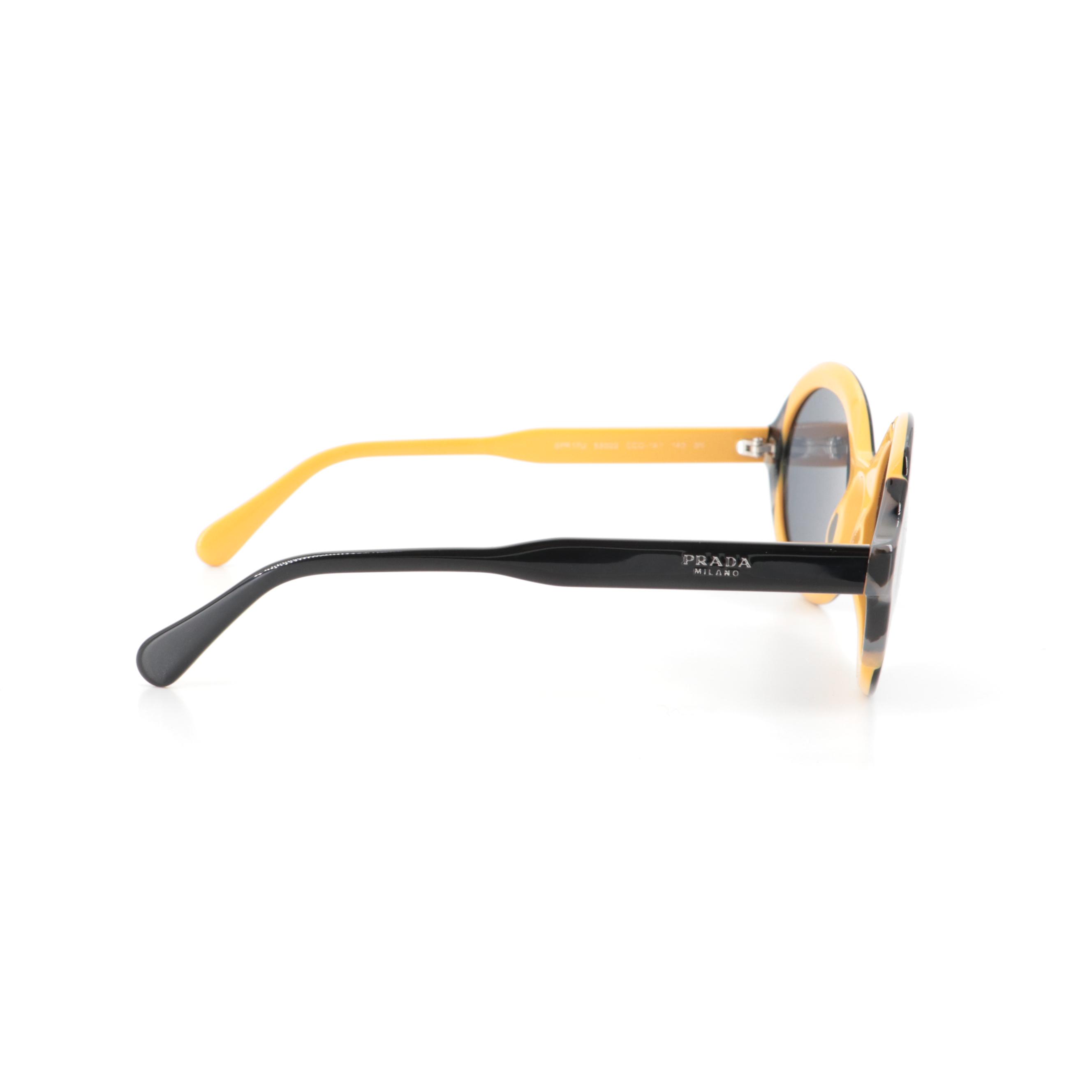 Prada SPR 17U Round Sunglasses in Black, Yellow and Gray Tortoise Acetate