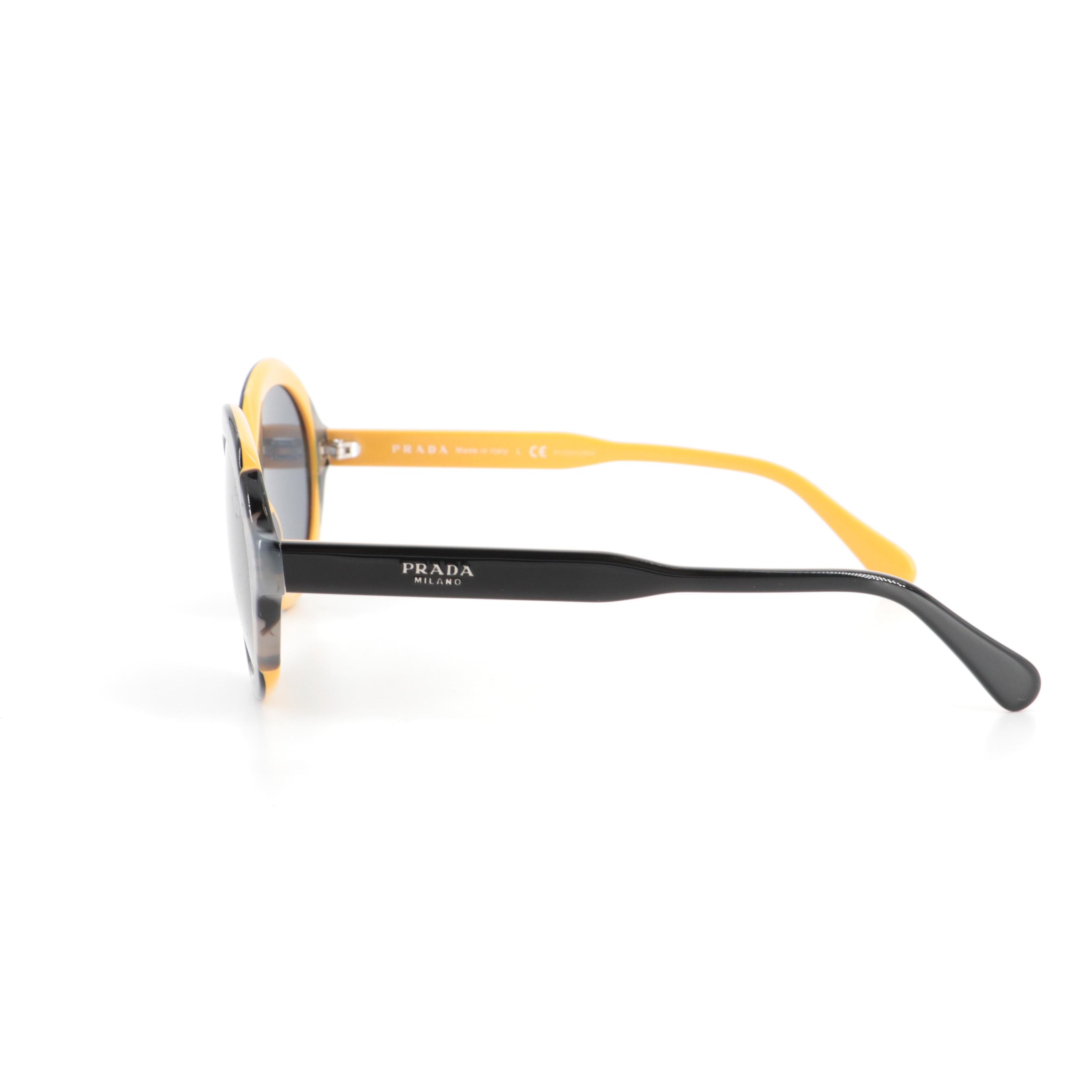 Prada SPR 17U Round Sunglasses in Black, Yellow and Gray Tortoise Acetate