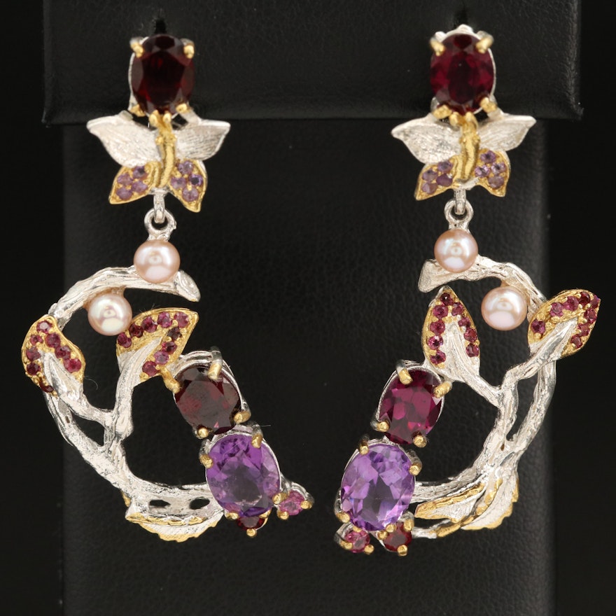 Sterling Silver Amethyst, Garnet and Pearl Biomorphic Earrings