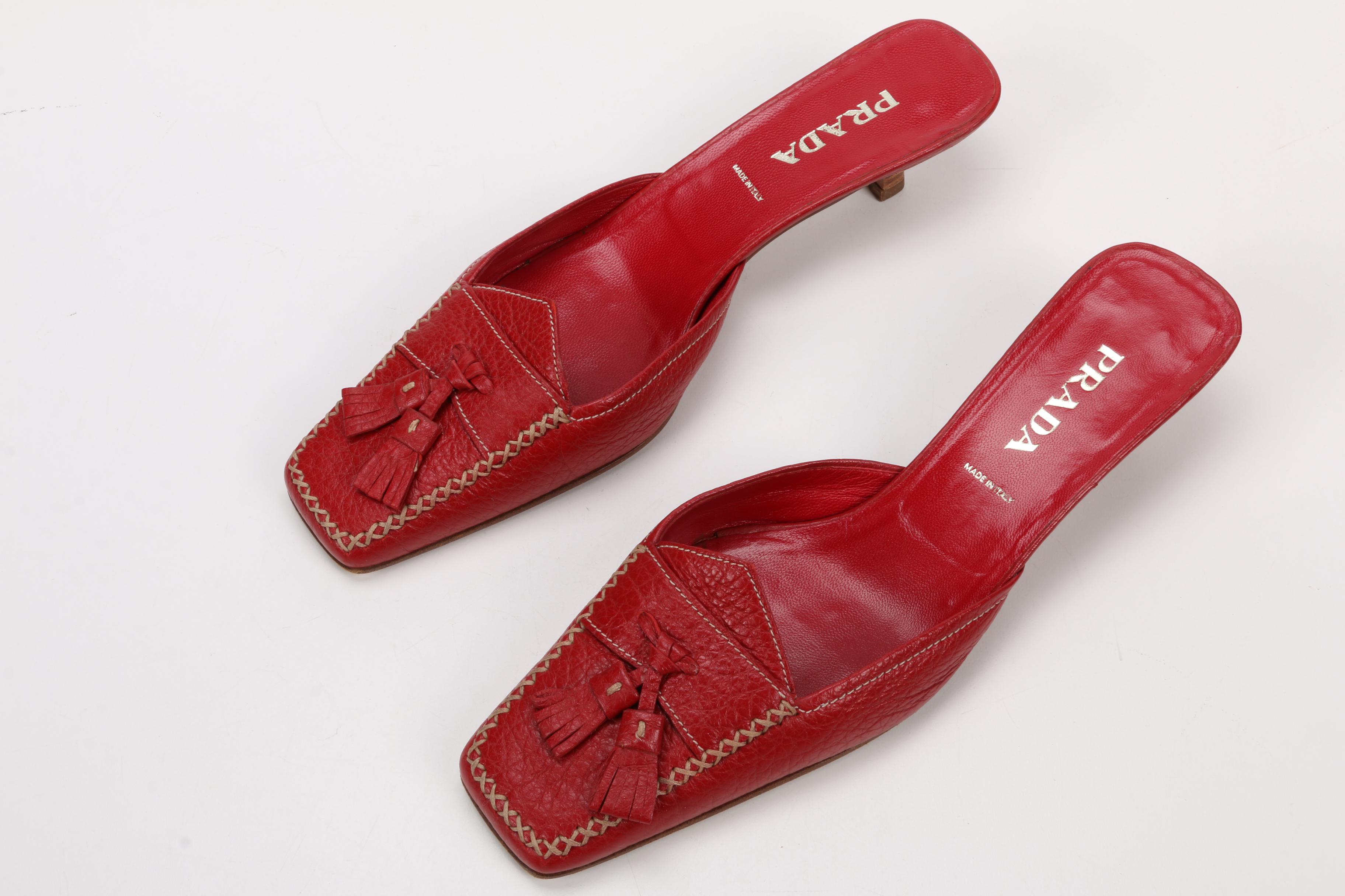 Prada Red Leather Kitten Heel Mules and Charlet Hand-Beaded Clutch