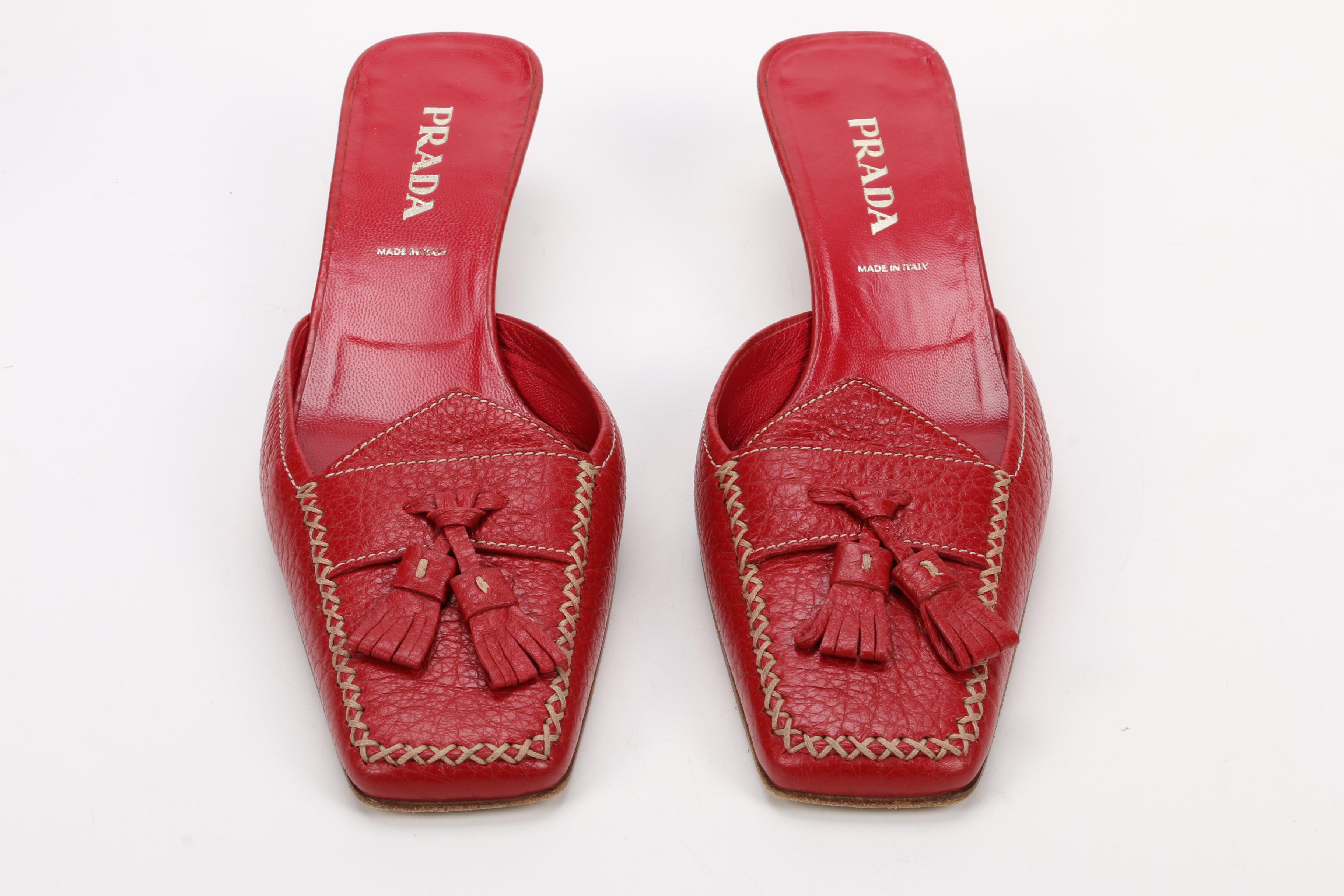 Prada Red Leather Kitten Heel Mules and Charlet Hand-Beaded Clutch