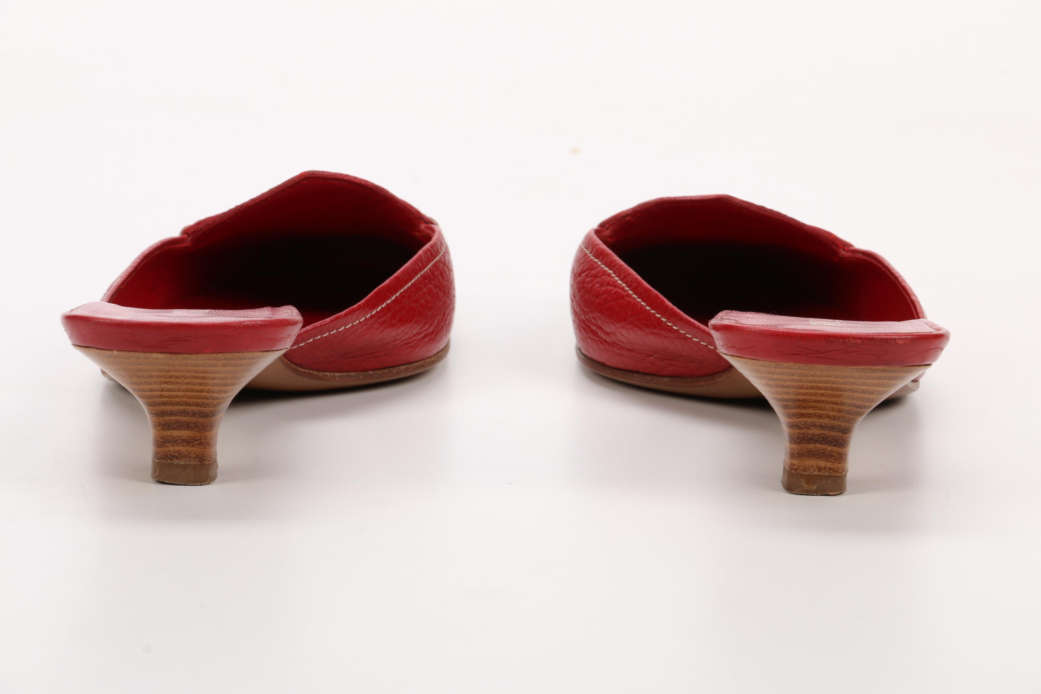 Prada Red Leather Kitten Heel Mules and Charlet Hand-Beaded Clutch