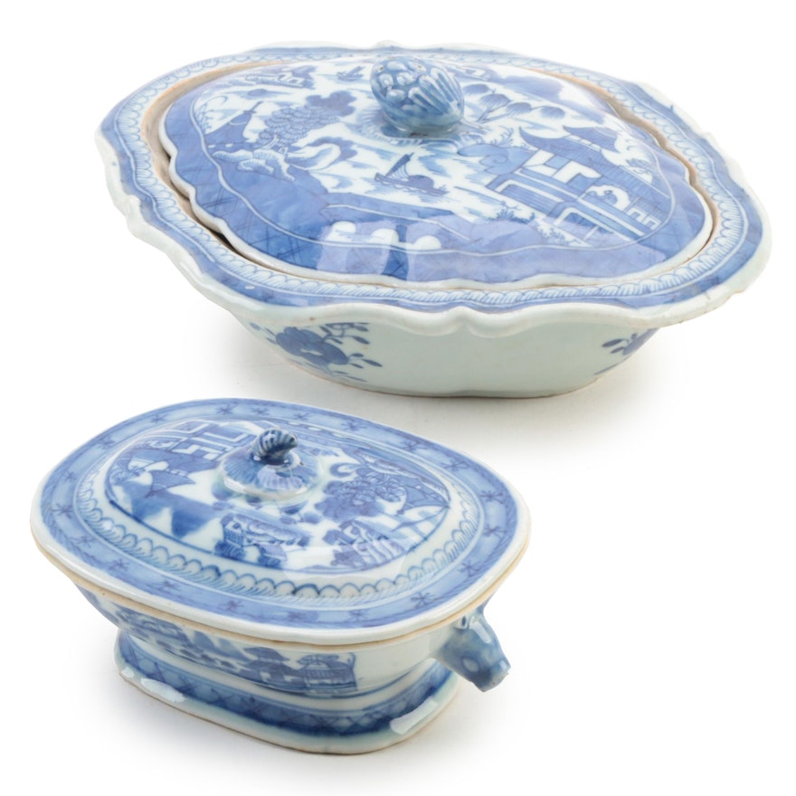 Chinese Export Canton Blue and White Porcelain Lidded Dishes, Antique