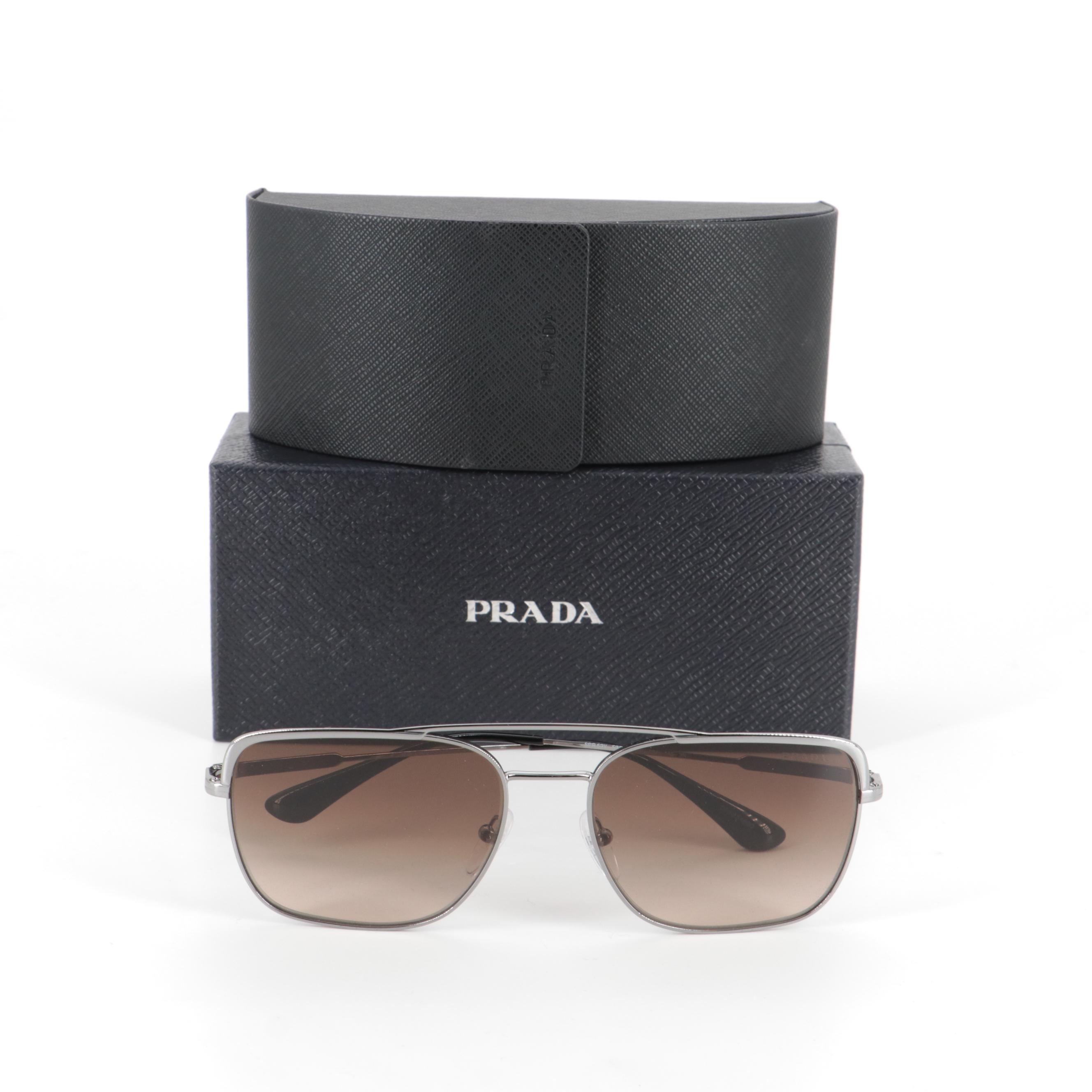 Prada SPR 53V Aviator Sunglasses in Silver Tone with Gradient Lenses with Case