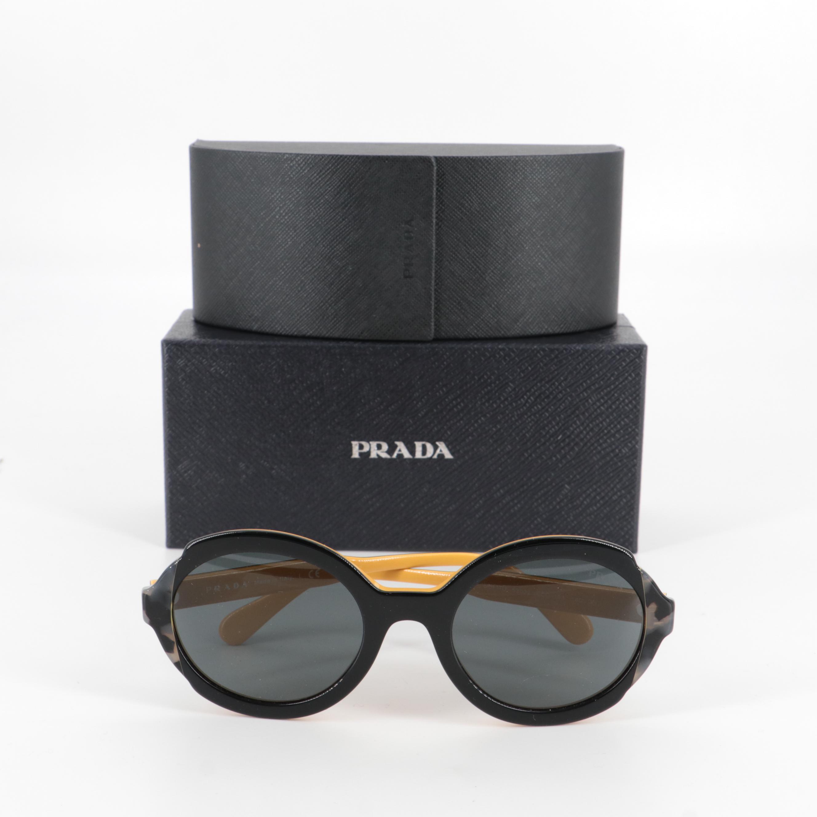 Prada SPR 17U Round Sunglasses in Black, Yellow and Gray Tortoise Acetate