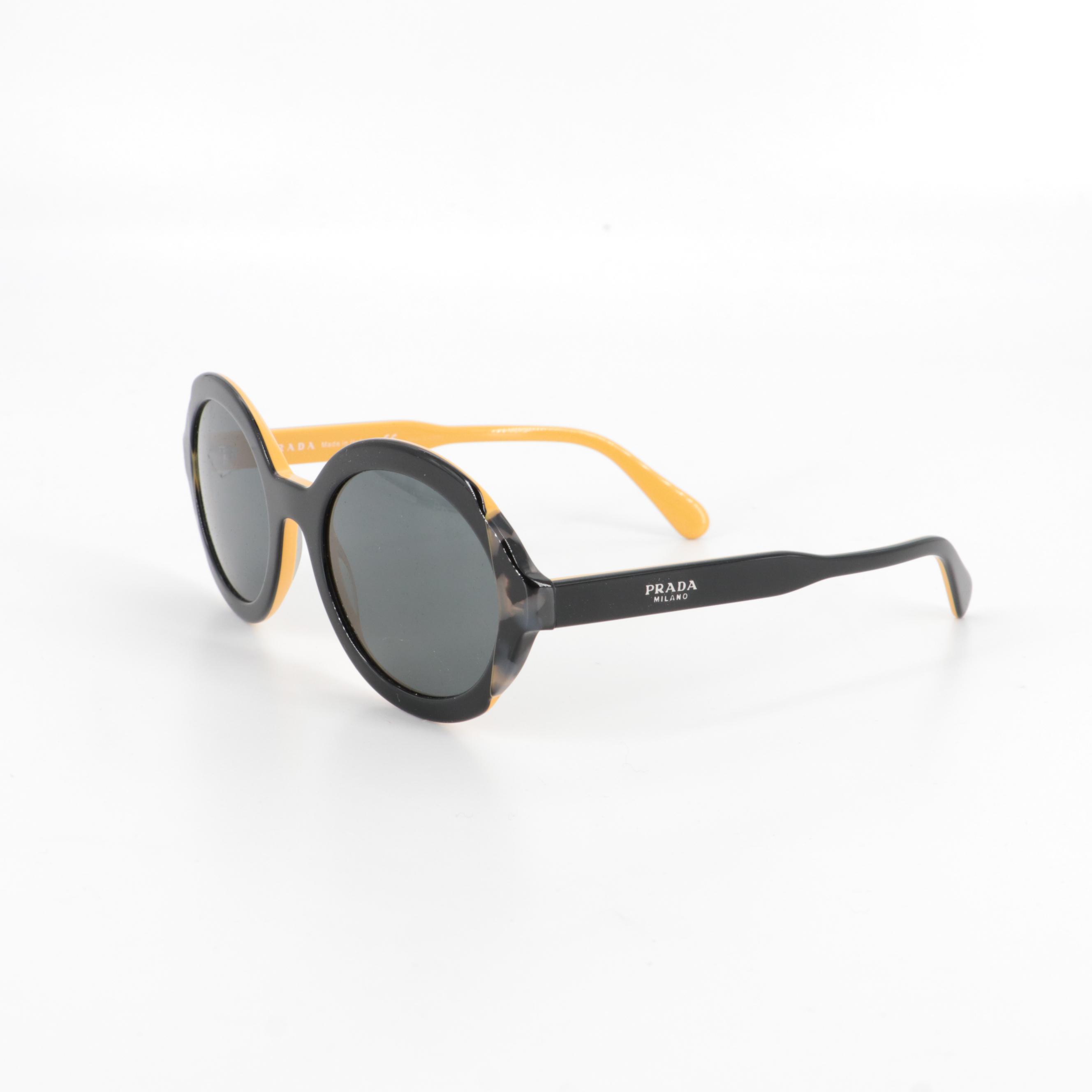 Prada SPR 17U Round Sunglasses in Black, Yellow and Gray Tortoise Acetate