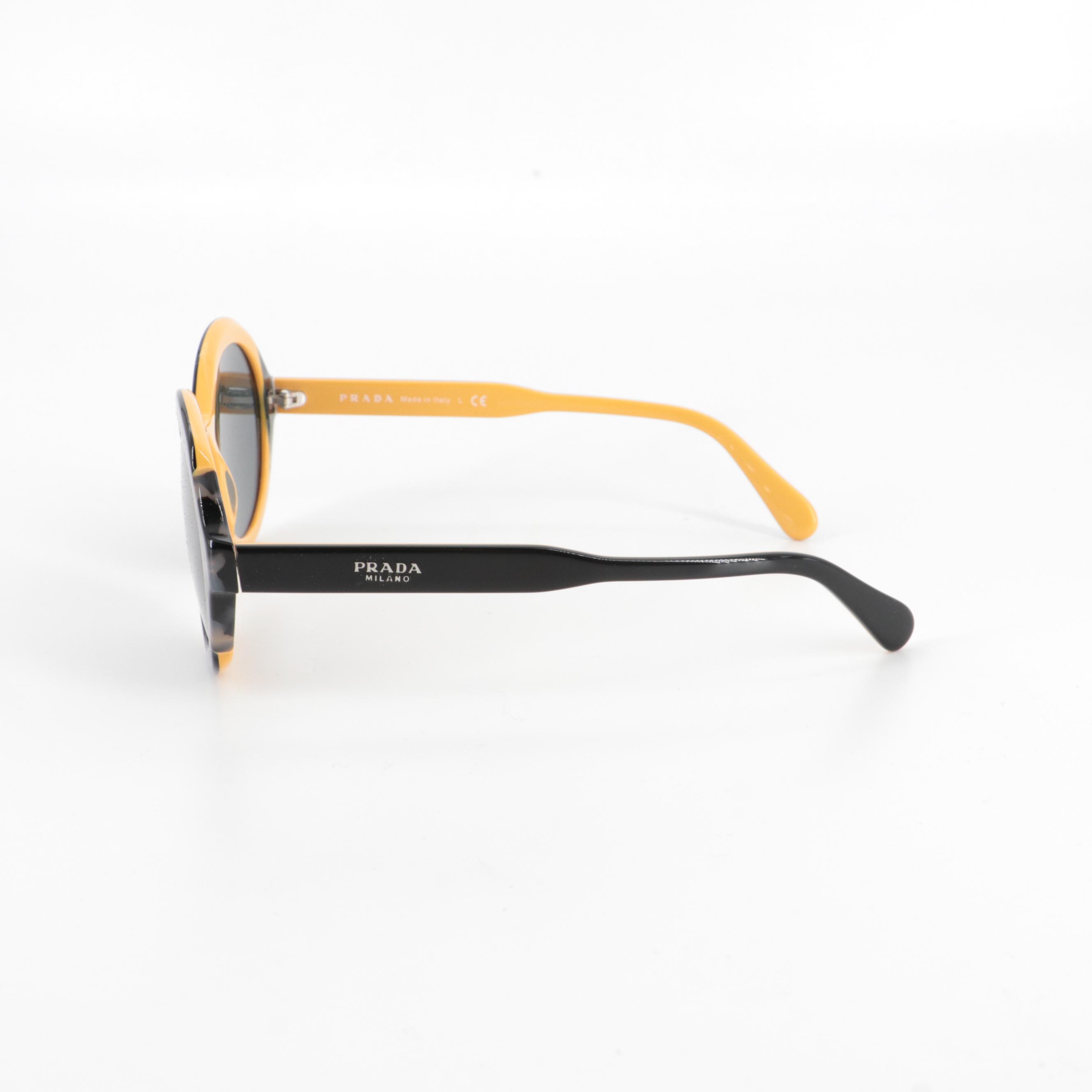 Prada SPR 17U Round Sunglasses in Black, Yellow and Gray Tortoise Acetate
