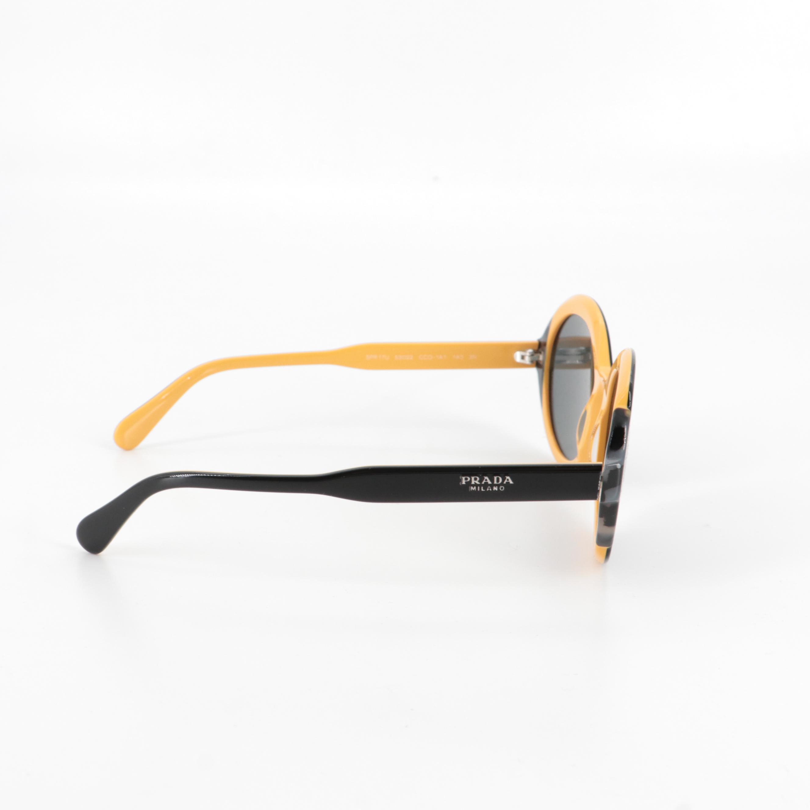 Prada SPR 17U Round Sunglasses in Black, Yellow and Gray Tortoise Acetate