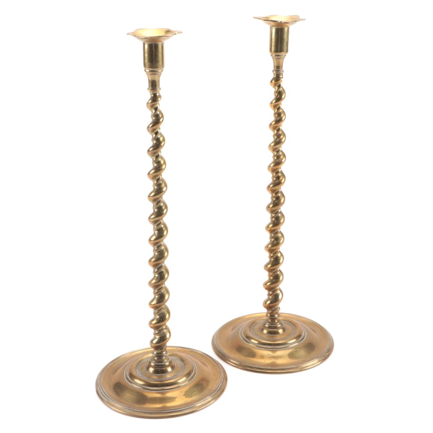 English Brass Barley Twist Candlesticks, Antique