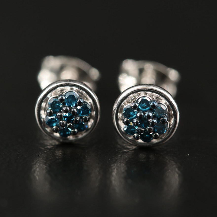 Sterling Blue Diamond Cluster Stud Earrings