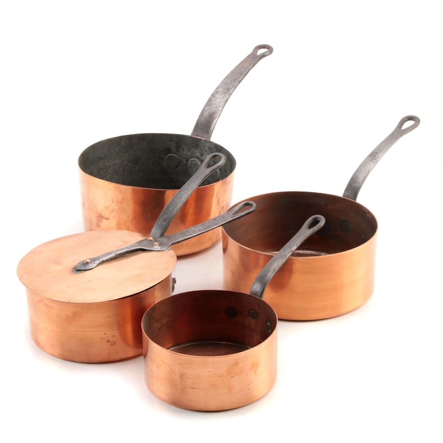 Copper Sauce Pans and Splash Lid with Cast Iron Handles, 20th Century