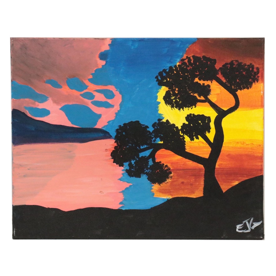 Silhouetted Landscape Acrylic Painting, 21st Century