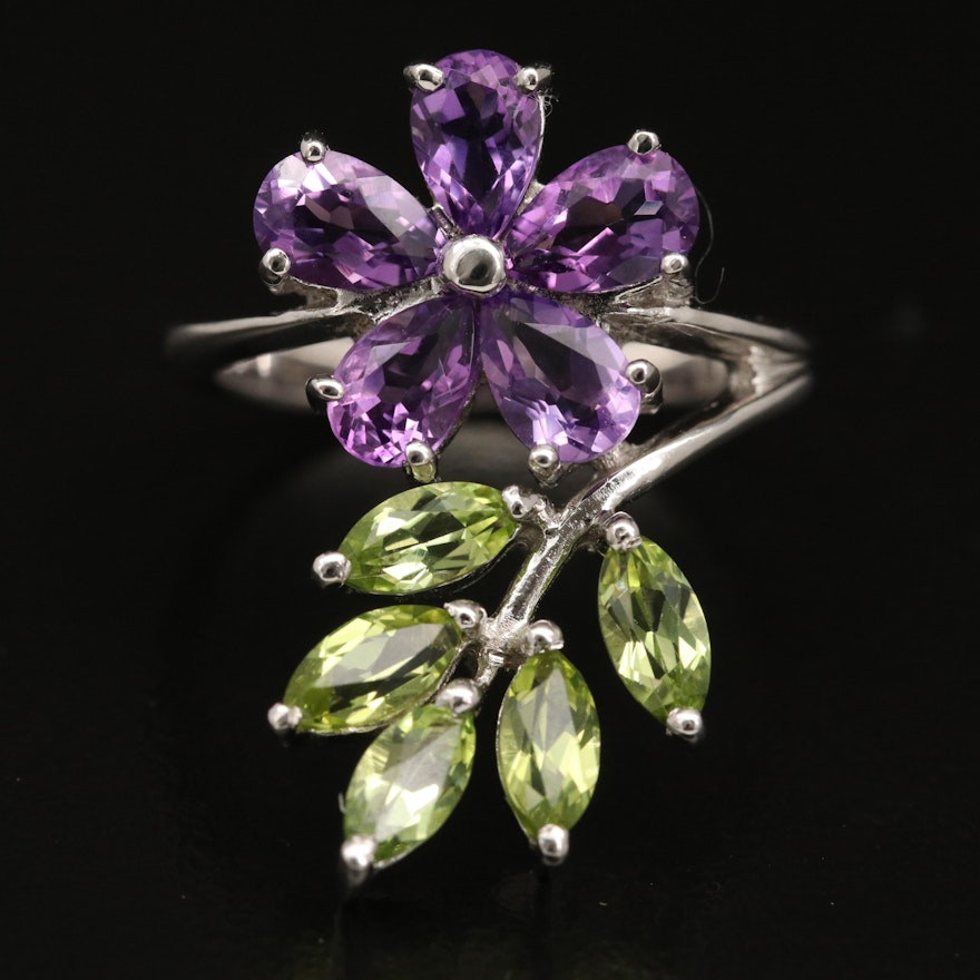 Eva LaRue Sterling Amethyst and Peridot Floral and Foliate Ring
