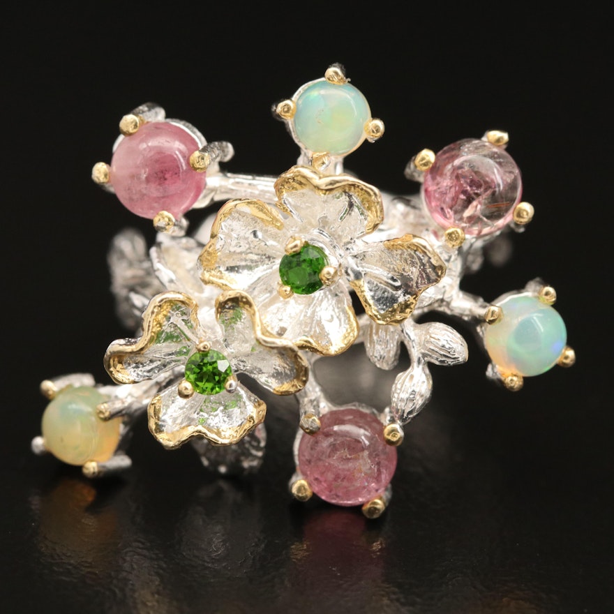 Sterling Silver Opal, Diopside and Tourmaline Floral Ring