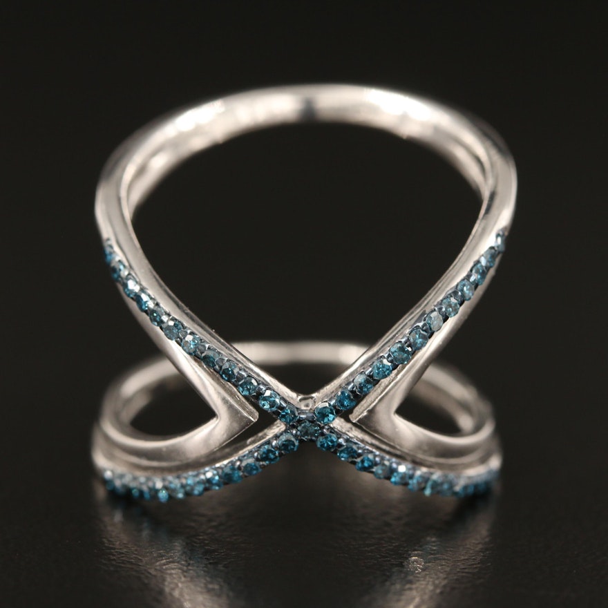 Sterling Silver Pavé Fancy Blue Diamond Criss Cross Ring