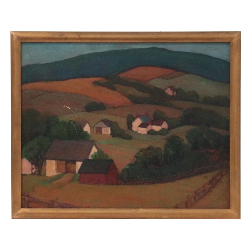 Landscape Oil Painting of Rolling Hills, Late 20th Century