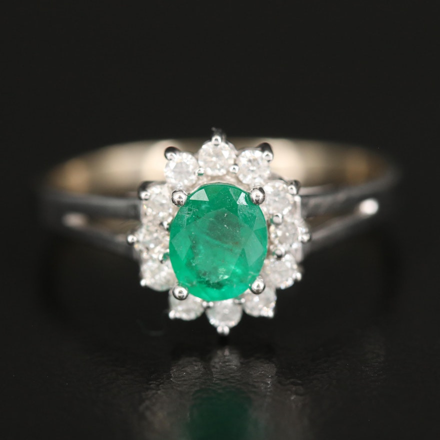14K Emerald and Diamond Halo Ring