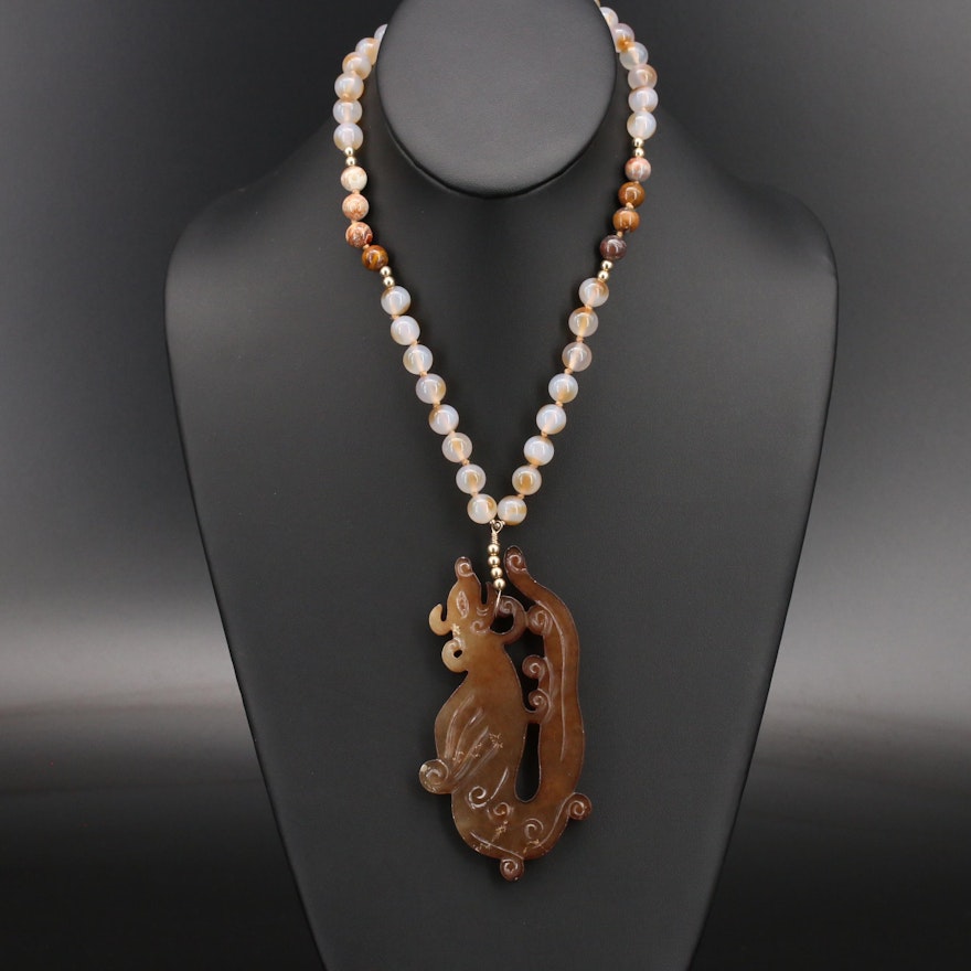 Gold Filled Serpentine and Agate "Year of the Rat" Pendant Necklace