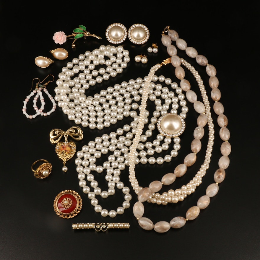 Necklaces, Brooches, Earrings, Locket, Ring Including Faux Pearl and Enamel