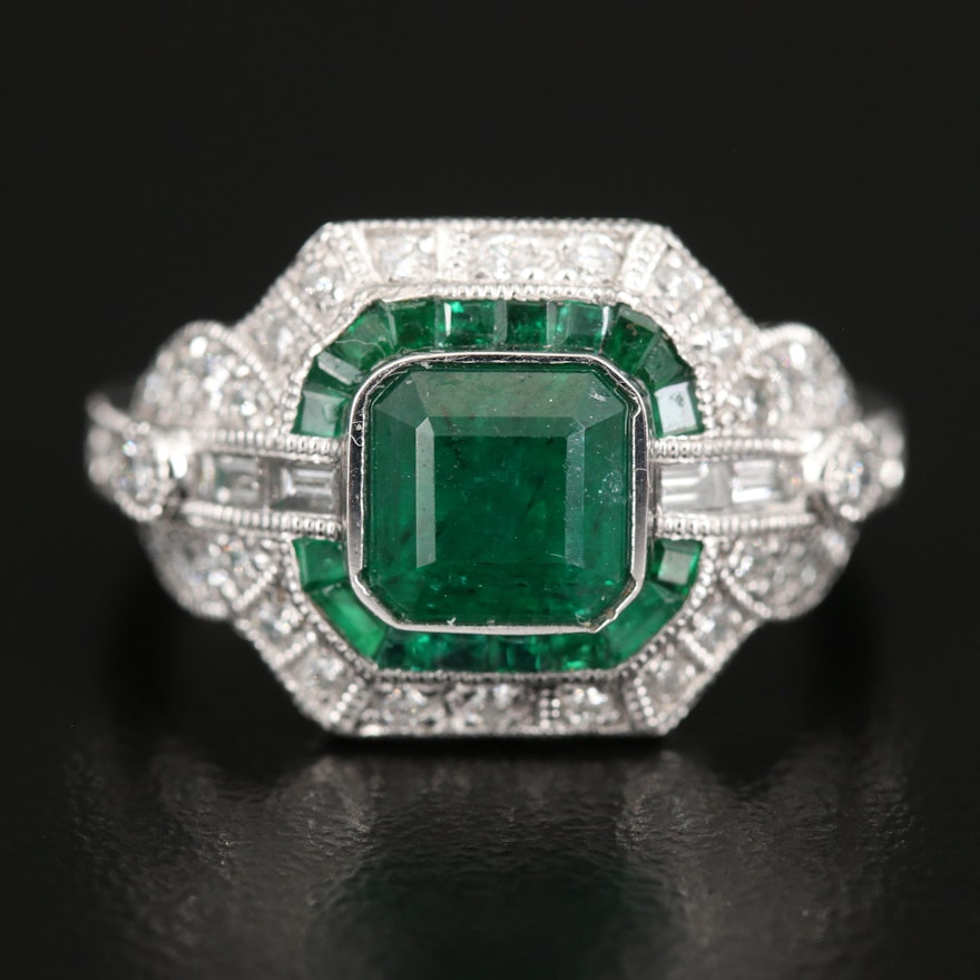 Platinum Emerald and Diamond Ring with Milgrain Detail