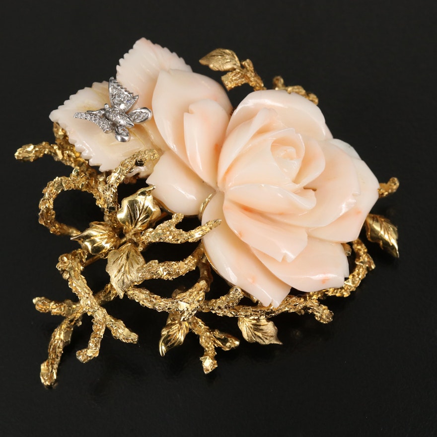 1950s 14K Angel Skin Coral Rose Brooch with Diamond Accented Butterfly Detail