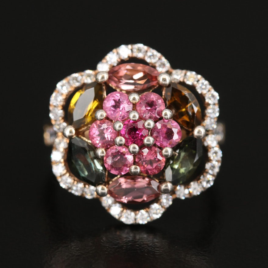 Sterling Silver Pink and Green Tourmaline Flower Ring
