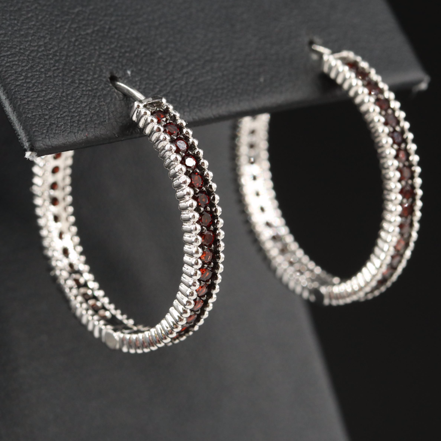 Sterling Silver Garnet Hoop Earrings