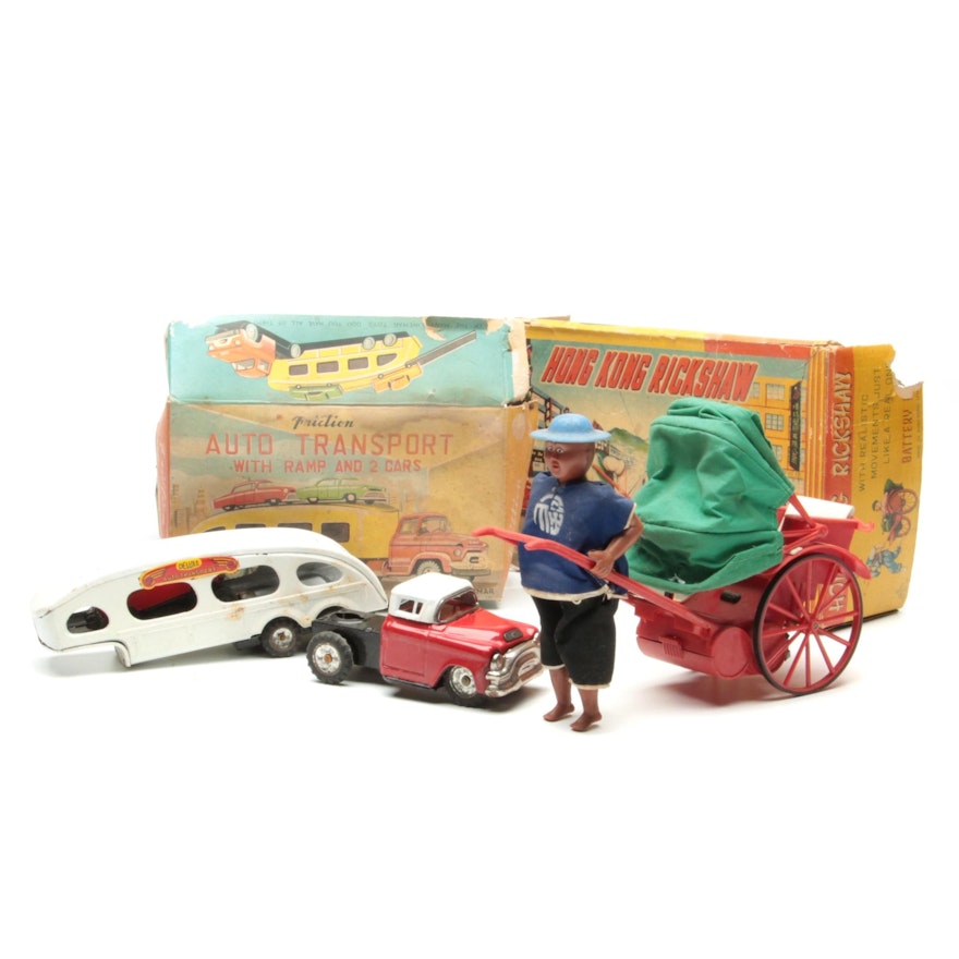 Line Mar "Auto Transport," and "Hong Kong Rickshaw" Toys in Original Packaging