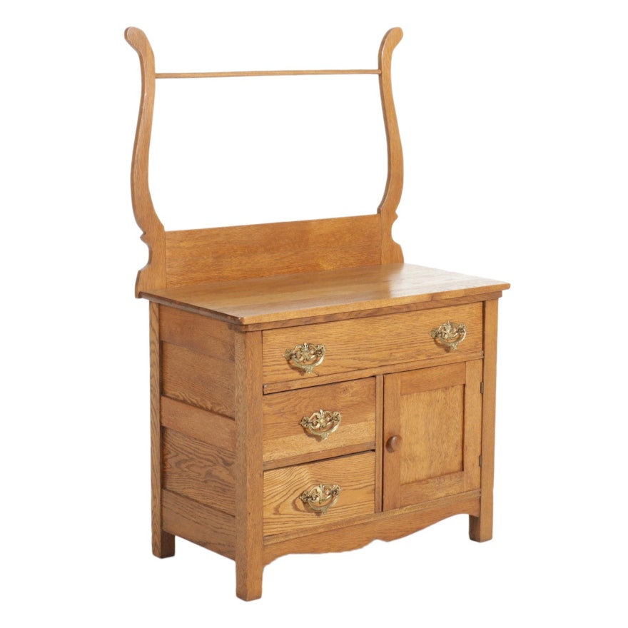 Late Victorian Oak Wash Stand with Towel Rack, Early 20th Century