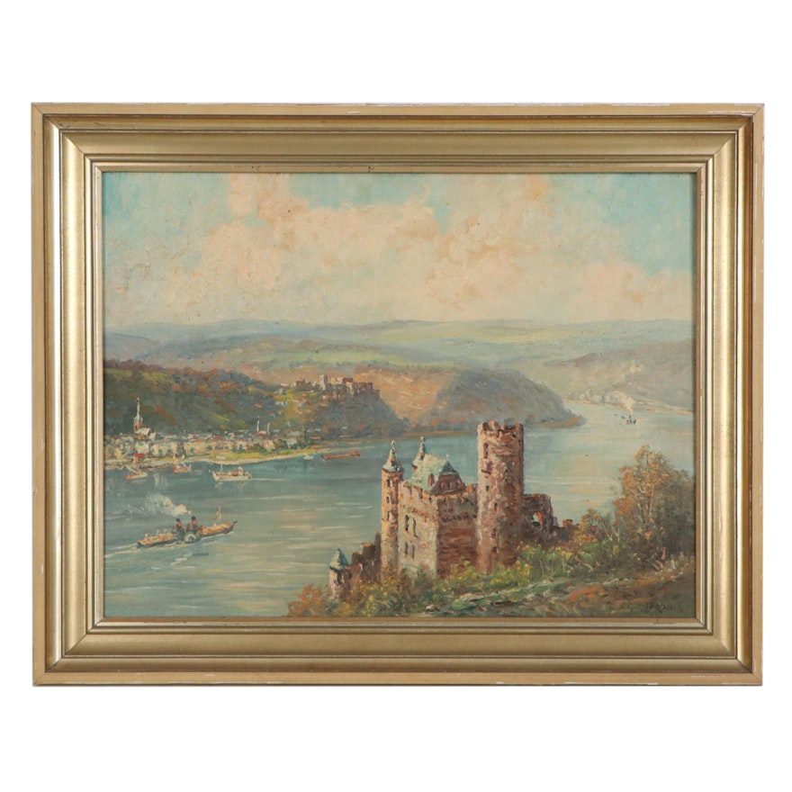 Landscape Oil Painting "Burg Katz, St. Goar," Early 20th Century