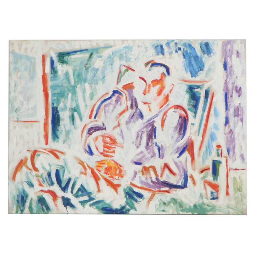 Abstract Oil Painting of a Seated Man, Mid-20th Century