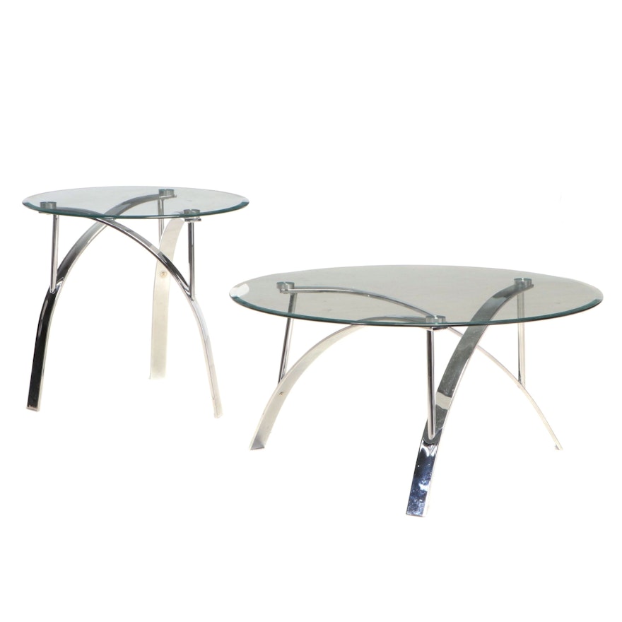 Modernist Style Chrome and Glass Top Coffee Table and Side Table