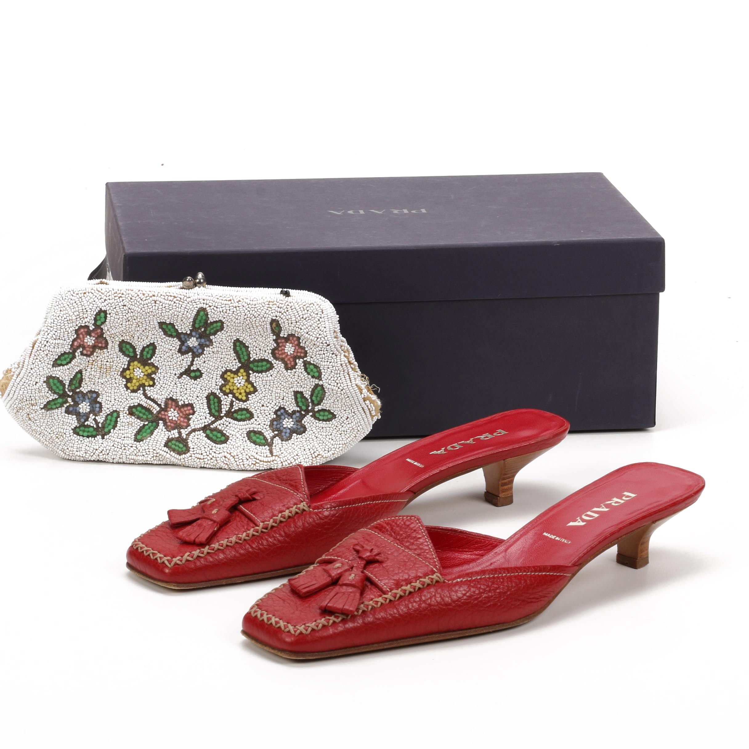 Prada Red Leather Kitten Heel Mules and Charlet Hand-Beaded Clutch