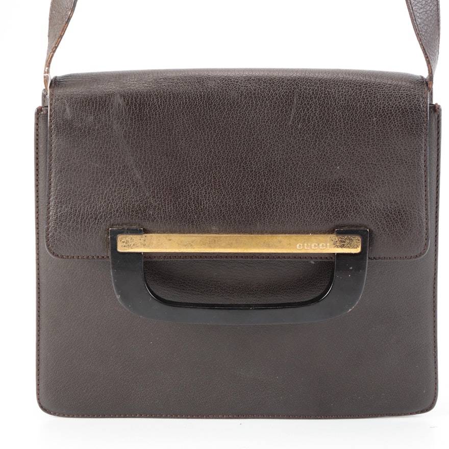 Gucci Flap Front Shoulder Bag in Brown Leather with Wood Handle Accent