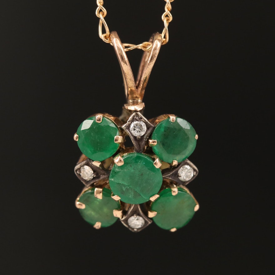 14K Emerald and Diamond Pendant Necklace with Sterling Accents