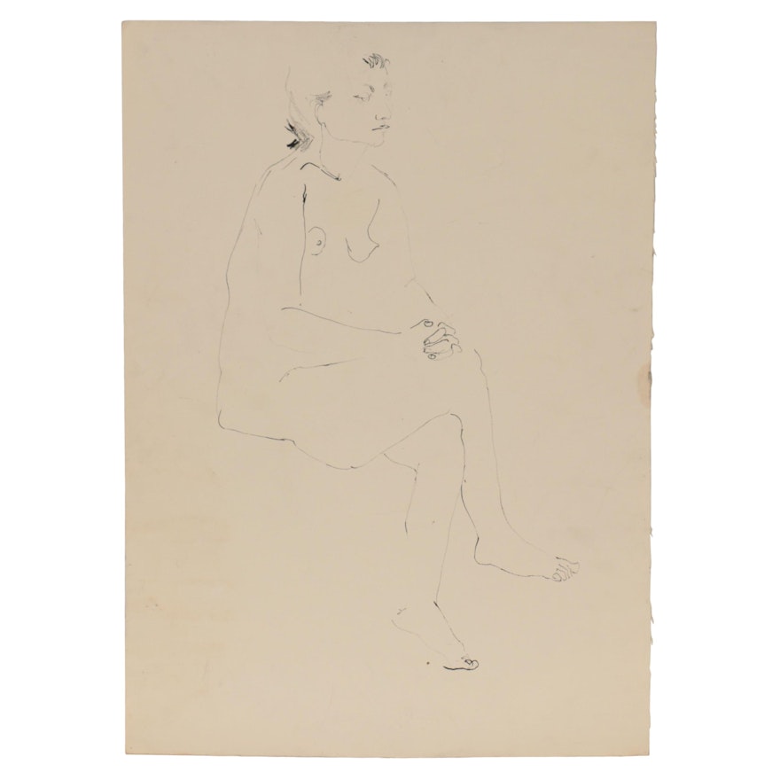 John Tuska Figural Ink Drawing of Seated Female Nude, Late 20th Century